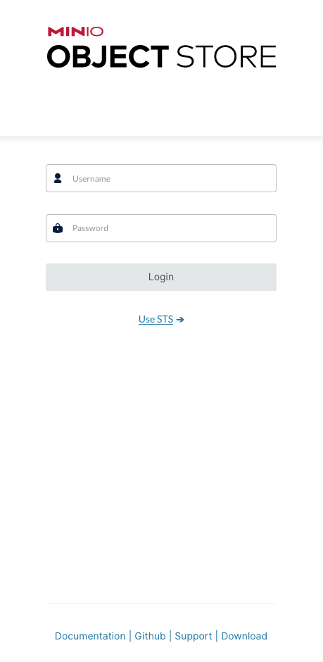 MinIO Console displaying login screen